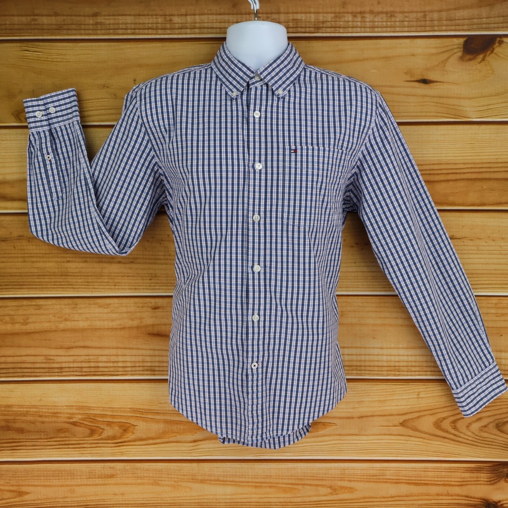 Tommy Hilfiger Shirt Casual Button Down Collar Men Size L Blue Plaid Long Sleeve